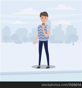 Teenager looking into smartphone on the go, background city, vector, illustration, cartoon style. Teenager looking into smartphone on the go, background city, vector, illustration, cartoon style, isolated