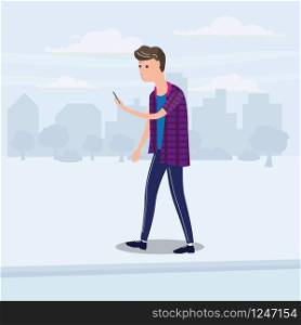 Teenager looking into smartphone on the go, background city, vector, illustration, cartoon style. Teenager looking into smartphone on the go, background city, vector, illustration, cartoon style, isolated