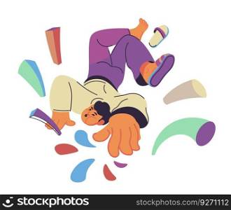 Teenager or young personage stepping over and falling down. Isolated male character in fashionable clothes, street dancer showing movements and performance outdoors. Vector in flat style illustration. Falling down, personage stepping over, vector