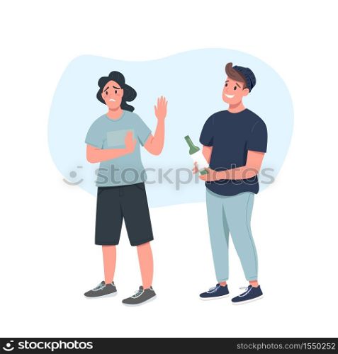 Teenager refusing alcohol flat color vector detailed character. Man reject drink. Stop destructive habit. Addiction isolated cartoon illustration for web graphic design and animation. Teenager refusing alcohol flat color vector faceless character