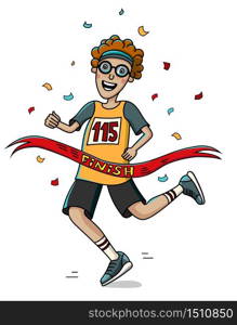 Teenager runner cross the finish line. Cartoon style. Marathon. Vector illustration.. Teenager runner cross the finish line. Cartoon style. Marathon.
