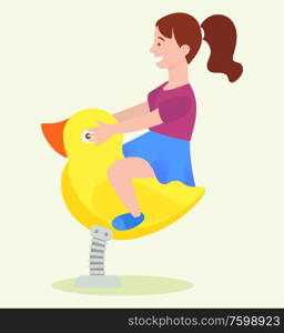 Teenager sitting on swing duck, side view of girl character in casual clothes playing outdoor, childhood activity and entertainment on playground vector. Recreation on Swing, Girl Playing Outdoor Vector