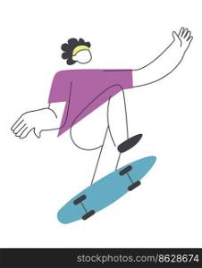 Teenager skating on skateboard, isolated personage leading active lifestyle. Hobby of character, man or woman on board doing tricks and practicing stunts. Abstract line art vector in flat style. Skater person on skateboard, active hobby vector