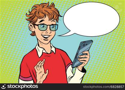 Teenager talking on the phone, joy. Pop art retro vector illustration. Teenager talking on the phone, joy