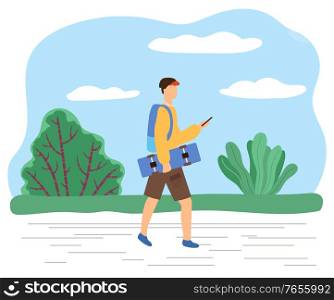 Teenager walking in park carrying skateboard and rucksack chatting via phone. Hipster wearing modern clothes strolling outside using smartphone for communication. Active young boy vector in flat. Skater Teenage Boy Walking and Texting on Phone