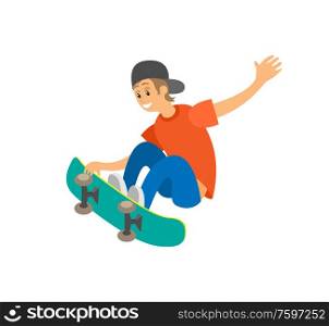 Teenager wearing casual clothes and cap, smiling boy making tricks with skateboard, portrait view of skating young person, element of urban activity vector. Urban Activity, Skating Boy, Skateboard Vector