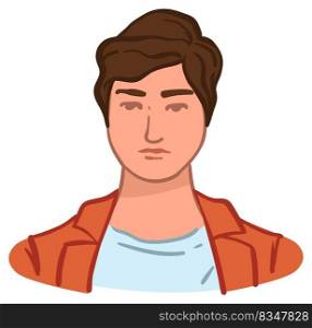 Teenager wearing comfortable and stylish clothes, isolated man with shirt and fancy hairstyle. Portrait of guy, personage avatar for social media or photography with serious face. Vector in flat. Young male character, teenagers portrait photo