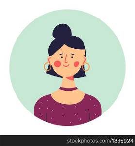 Teenager wearing stylish clothes and earrings, portrait of relaxed female character ready for party. Emotional girl photo or avatar. Fashionable personage with smile on face. Vector in flat style. Stylish teenage girl in modern outfit, portrait of teen