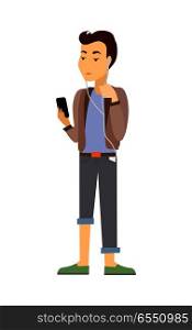 Teenager with gadgets. Young boy in casual closing with mobile phone listening music from portative player flat vector isolated on white. Communication in social media and using online services . Teenager with Gadgets Flat Vector Illustration 