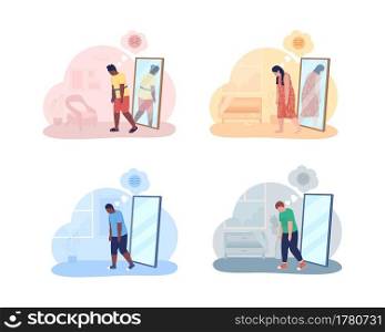 Teenager with overweight problem 2D vector isolated illustration. Mental health issue. Obese girl and boy in front of mirror flat characters on cartoon background. Teenager problem colourful scene. Teenager with overweight problem 2D vector isolated illustration