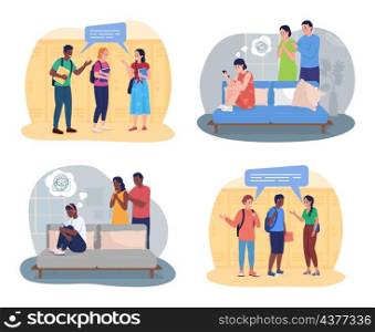 Teenager with social anxiety 2D vector isolated illustrations set. Worried parents and teens flat characters on cartoon background. Being ignored by school friends colourful scenes collection. Teenager with social anxiety 2D vector isolated illustrations set