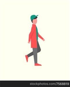 Teenager young man wearing fashionable clothes vector. Youth in stylish clothing strolling in direction. Cool guy heading straight, calm boy with cap. Teenager Young Man Wearing Fashionable Clothes