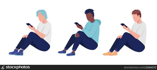 Teenagers addicted to phones semi flat color vector characters set. Full body people on white. Teens isolated modern cartoon style illustrations collection for graphic design and animation. Teenagers addicted to phones semi flat color vector characters set