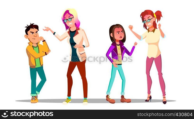 Teenagers Arguing With Adults Vector Cartoon Characters Set. Parents And Kids Arguing Isolated Cliparts Pack. Teacher And Guilty Pupil. Furious Mother, Shouting At Daughter, Son Flat Illustration. Teenagers Arguing With Adults Vector Cartoon Characters Set