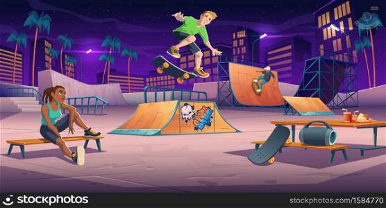 Teenagers at night skate park, rollerdrome perform skateboard jumping stunts on pipe ramps and relax. Extreme sport, graffiti, youth urban culture and teen street activity, Cartoon vector illustration. Teenagers at night skate park teens on rollerdrome