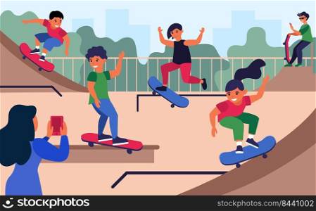 Teenagers at skateboard park flat vector illustration. Cartoon girls and boys jumping and doing tricks with boards. Outdoor activity and skateboarding concept