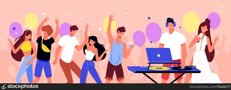 Teenagers birthday party flat horizontal composition with balloons playing vinyl records dancing singing hilarious celebration vector illustration