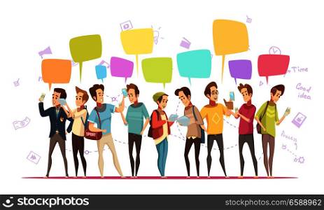 Teenagers boys characters communication online retro cartoon poster with music symbols and chat messages bubbles vector illustration . Teenage Boys Online Cartoon Poster