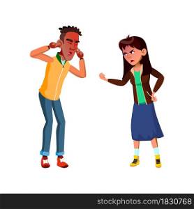 Teenagers Couple Aggressive Quarrelling Vector. Asian Girl Aggressive Screaming At African Boy Teen, Guy Sticking Plug Fingers In Ears. Characters Conflict Flat Cartoon Illustration. Teenagers Couple Aggressive Quarrelling Vector