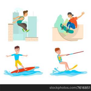 Teenagers going in for sports vector, active youth. Male jumping from roof of skyscraper, boy on surfboard, person with skateboard, skateboard set. Parkour and Skateboarding, Surfing on Board Set