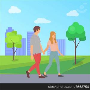 Teenagers holding hands cartoon people walking together in city park. Vector boy and girl side view, animated male and female characters in flat style. Teenagers Holding Hands Cartoon People in Park