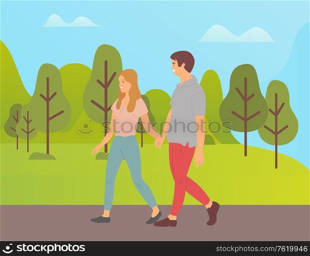 Teenagers holding hands, cartoon people walking together in green summer park. Vector boy and girl side view, male and female characters in flat style. Teenagers Holding Hands Cartoon People in Park