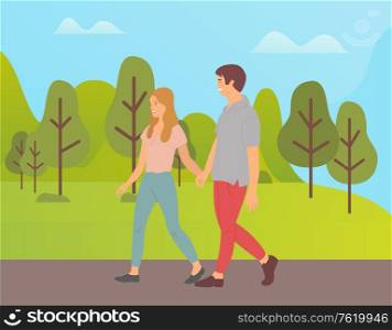Teenagers holding hands, cartoon people walking together in green summer park. Vector boy and girl side view, male and female characters in flat style. Teenagers Holding Hands Cartoon People in Park