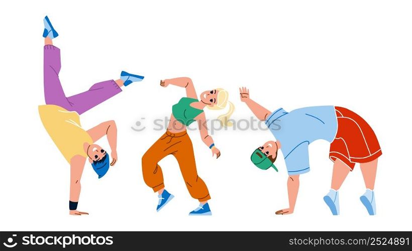 Teenagers In Dancing Class Exercising Dance Vector. Boy And Girl Teens Training Energy Break Dance Togetherness. Characters Hip Hop Practicing And Performing Flat Cartoon Illustration. Teenagers In Dancing Class Exercising Dance Vector