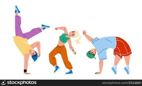 Teenagers In Dancing Class Exercising Dance Vector. Boy And Girl Teens Training Energy Break Dance Togetherness. Characters Hip Hop Practicing And Performing Flat Cartoon Illustration. Teenagers In Dancing Class Exercising Dance Vector