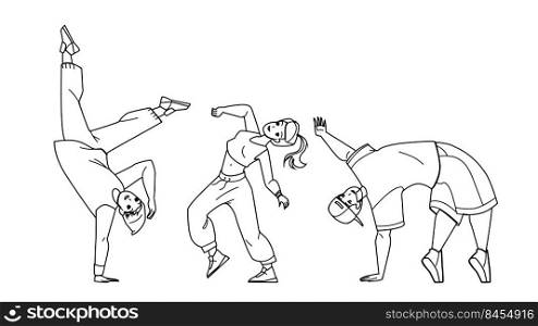 Teenagers In Dancing Class Exercising Dance Vector. Boy And Girl Teens Training Energy Break Dance Togetherness. Characters Hip Hop Practicing And Performing black line illustration. Teenagers In Dancing Class Exercising Dance Vector