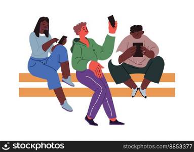 Teenagers interacting with smartphones, isolated boys and girls taking selfies and browsing in web, chatting and texting in messengers. Communication and fun for youths. Vector in flat style. Youth taking selfie photos and browsing in web