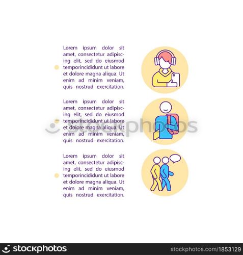 Teenagers mental health concept line icons with text. PPT page vector template with copy space. Brochure, magazine, newsletter design element. Bringing up adolescent linear illustrations on white. Teenagers mental health concept line icons with text