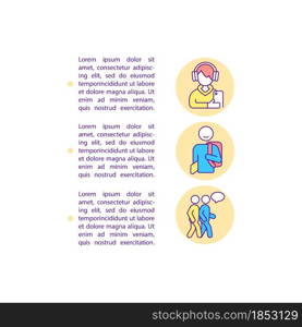 Teenagers mental health concept line icons with text. PPT page vector template with copy space. Brochure, magazine, newsletter design element. Bringing up adolescent linear illustrations on white. Teenagers mental health concept line icons with text