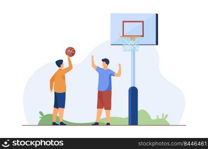 Teenagers playing basketball on street. Ball, boy, friend flat vector illustration. Sport game and summer activity concept for banner, website design or landing web page