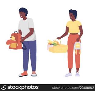 Teenagers showing food for picnic semi flat color vector characters set. Posing figures. Full body people on white. Simple cartoon style illustration collection for web graphic design and animation. Teenagers showing food for picnic semi flat color vector characters set