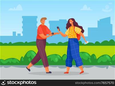 Teenagers spend leisure time on summer holidays together. Boy and girl hold phones in hands and talking with each other. Landscape with greenery and silhouette of buildings. Vector illustration. Teenagers Spend Time Together, Walking in Park