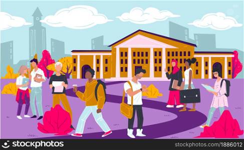 Teenagers strolling in territory of university. Students preparing for lessons and classes, revising material for exams. Educational establishment with boys and girls students, vector in flat. University with students outdoors, teenagers preparing for classes