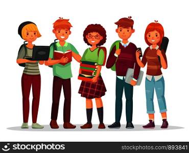 Teenagers students group. Young teens highschool smiling student friends english teenage learning together. Teenager happy characters with casual school backpack vector illustration. Teenagers students group. Young teens highschool student friends learning together. Teenager with school backpack vector illustration