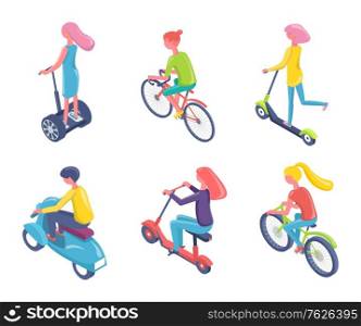 Teenagers using eco transport vector, isolated man and woman riding bikes and scooters wearing helmets. People commuting destination flat style character. Eco Transportation, Bicycles and Scooters Boards