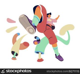 Teengers movement or performace, isolated street dancer or performer showing movements. Personage wearing modern and fashionable clothes, moving and jumping. Vector in flat style illustration. Street dancer or performer, teengers movement