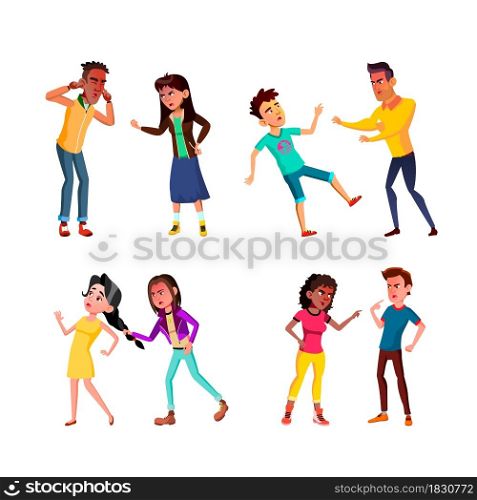 Teens Aggression And Conflict Arguing Set Vector. Angry Boys Aggressive Fighting Conflict, Boyfriend And Girlfriend Couple Quarrelling Together. Characters Flat Cartoon Illustrations. Teens Aggression And Conflict Arguing Set Vector