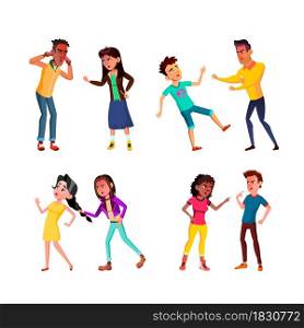 Teens Aggression And Conflict Arguing Set Vector. Angry Boys Aggressive Fighting Conflict, Boyfriend And Girlfriend Couple Quarrelling Together. Characters Flat Cartoon Illustrations. Teens Aggression And Conflict Arguing Set Vector