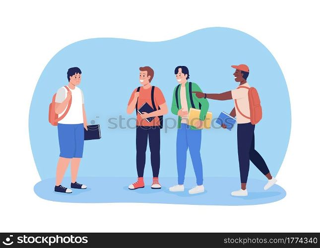Teens bullying boy 2D vector isolated illustration. Peer pressure and aggression. Kids mock and laugh at classmate flat characters on cartoon background. Teenager problem colourful scene. Teens bullying boy 2D vector isolated illustration