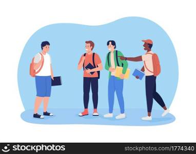Teens bullying boy 2D vector isolated illustration. Peer pressure and aggression. Kids mock and laugh at classmate flat characters on cartoon background. Teenager problem colourful scene. Teens bullying boy 2D vector isolated illustration