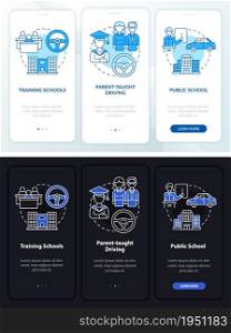 Teens driver education dark, light onboarding mobile app page screen. Walkthrough 3 steps graphic instructions with concepts. UI, UX, GUI vector template with linear night and day mode illustrations. Teens driver education dark, light onboarding mobile app page screen