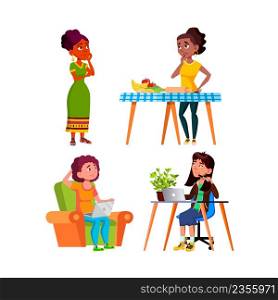 Teens Girls Thinking For Solve Problem Set Vector. Teenagers Thinking For Cooking Meal Receipt And About Relationship, Planning Project And Dreaming For Vacation. Characters Flat Cartoon Illustrations. Teens Girls Thinking For Solve Problem Set Vector