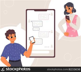 Teens mobile chatting. Male speaking with female, young cartoon students talk in messenger. Friends with smartphones, snugly social communication vector scene of character mobile chat illustration. Teens mobile chatting. Male speaking with female, young cartoon students talk in messenger. Friends with smartphones, snugly social communication vector scene