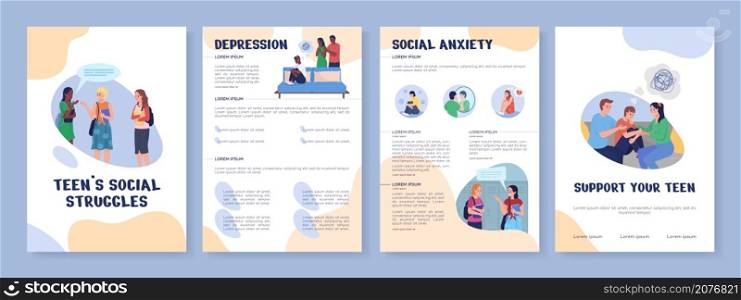 Teens social struggles flat vector brochure template. Flyer, booklet, printable leaflet design with flat illustrations. Magazine page, cartoon reports, infographic posters with text space. Teens social struggles flat vector brochure template