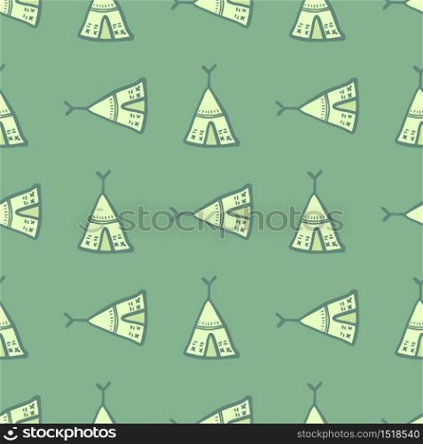 Teepee seamless pattern on green background. Tribal wallpaper. Hand drawn style. Decorative backdrop for fabric design, textile print, wrapping, cover. Vector illustration. Teepee seamless pattern on green background. Tribal wallpaper. Hand drawn style