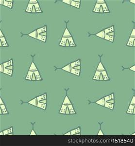 Teepee seamless pattern on green background. Tribal wallpaper. Hand drawn style. Decorative backdrop for fabric design, textile print, wrapping, cover. Vector illustration. Teepee seamless pattern on green background. Tribal wallpaper. Hand drawn style